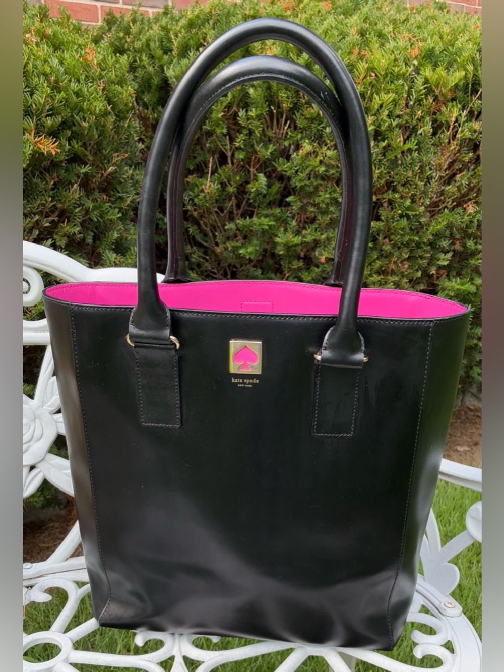 Kate Spade Extra Large Black Leather Tote/Shoulder Bag Pink Interior EUC!
